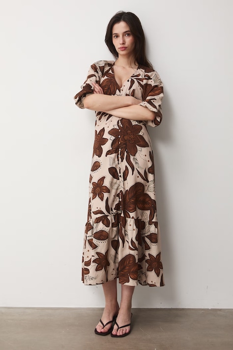 Medicine sukienka rozkloszowana z dodatkiem lnu beżowa