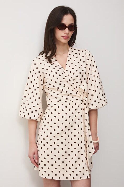 Medicine sukienka rozkloszowana z dodatkiem lnu beżowa