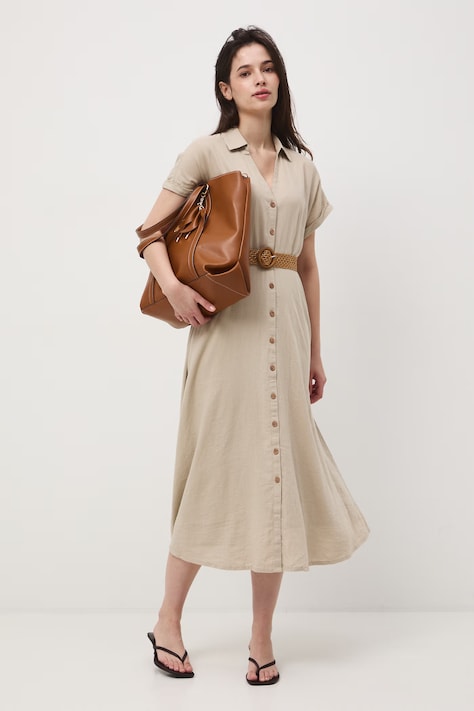 Medicine sukienka rozkloszowana z lnem beżowa gładka