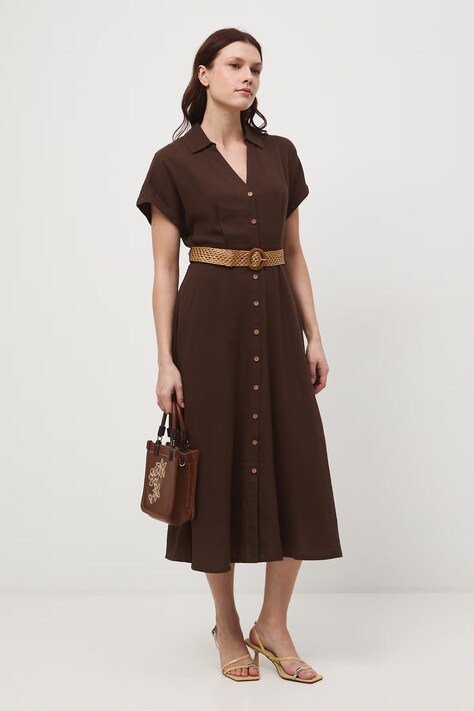 Medicine sukienka rozkloszowana z lnem brązowa gładka