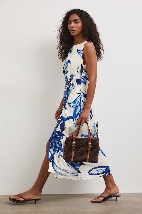 Sukienka z wiskozy w kwiaty beżowa RS26-SUD801