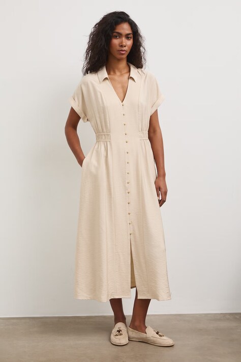 Medicine sukienka rozkloszowana z wiskozą beżowa gładka