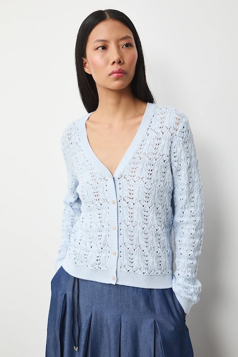 Kardigan bawełniany damski ażurowy kolor niebieski RS26-SWD306