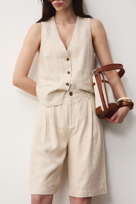 Medicine szorty damskie z lnem beżowe high waist