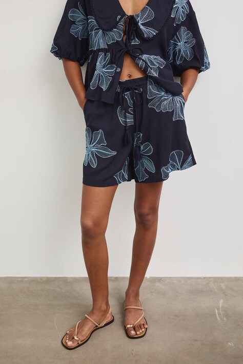 Medicine szorty damskie z lnem granatowe regular waist