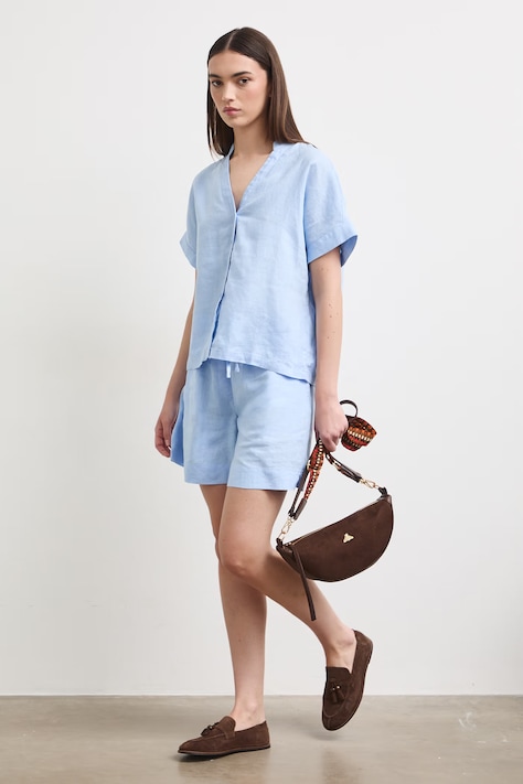 Szorty damskie lniane regular waist gładkie niebieskie regular waist RS26-SZD903