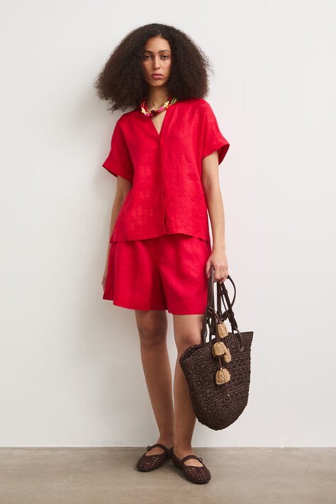 Medicine szorty damskie lniane czerwone regular waist