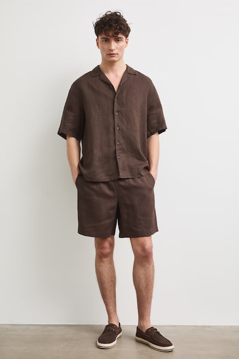 Szorty chino męskie lniane regular waist brązowe RS26-SZM090