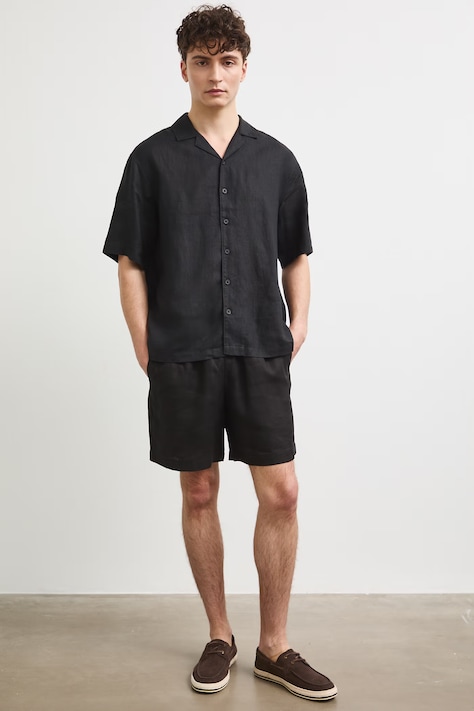 Šortky chino pánske ľanové regular waist čierne RS26-SZM090