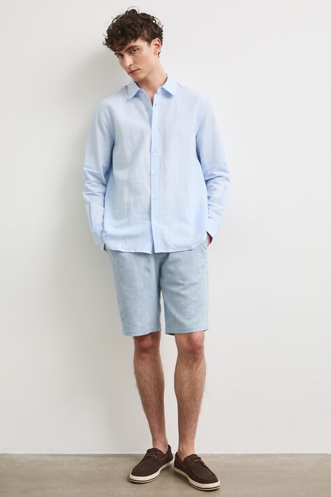 Szorty chino męskie z dodatkiem lnu regular waist niebieskie RS26-SZM904