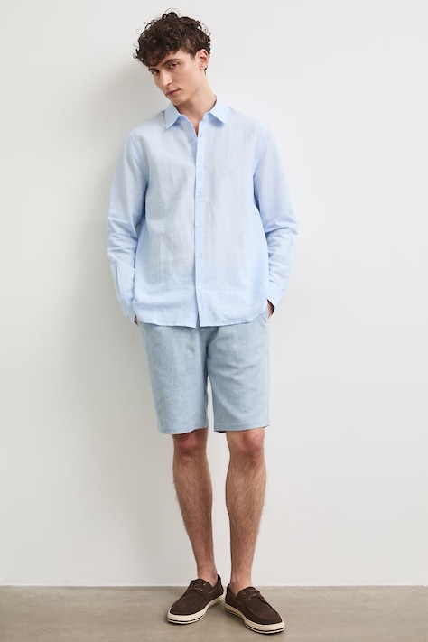 Szorty chino męskie z dodatkiem lnu regular waist niebieskie RS26-SZM904