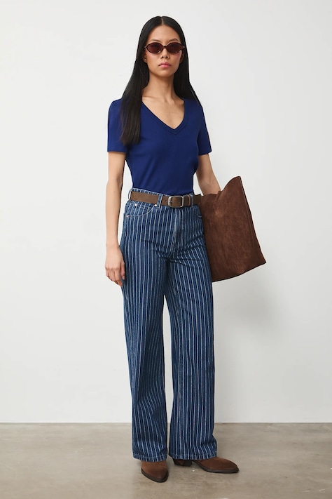 Bavlnené tričko dámske s elastanom vrúbkovaný modrá farba RS26-TSD031