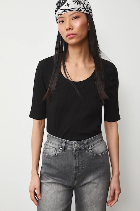 Bavlněné tričko dámské s elastanem a žebrováním černá barva RS26-TSD033