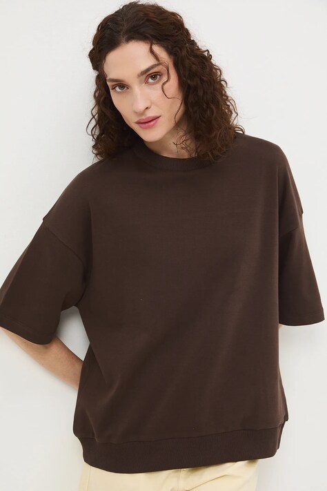 Bavlněné tričko dámské interlock bez vzoru hnědá barva RS26-TSD040