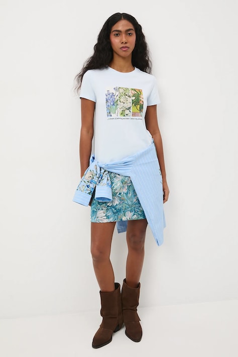 Bavlnené tričko dámske s elastanom z kolekcie Eviva L'arte modrá farba RS26-TSD261