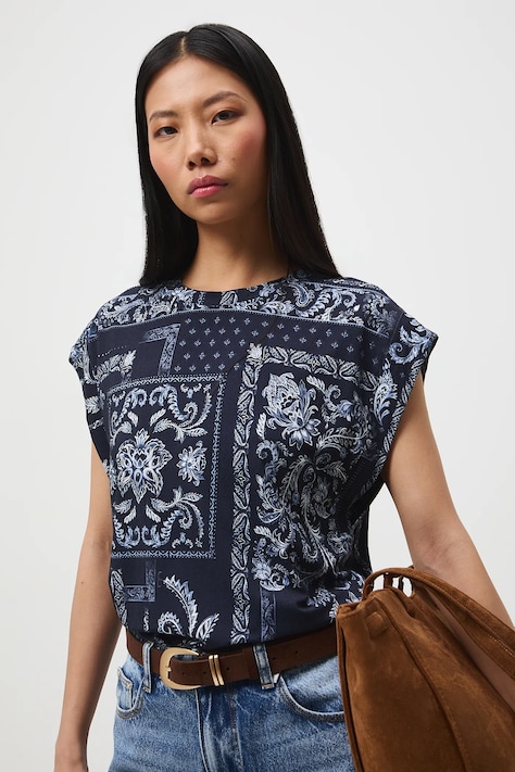 Tričko dámské se vzorem a viskózou tmavomodrá barva RS26-TSD302