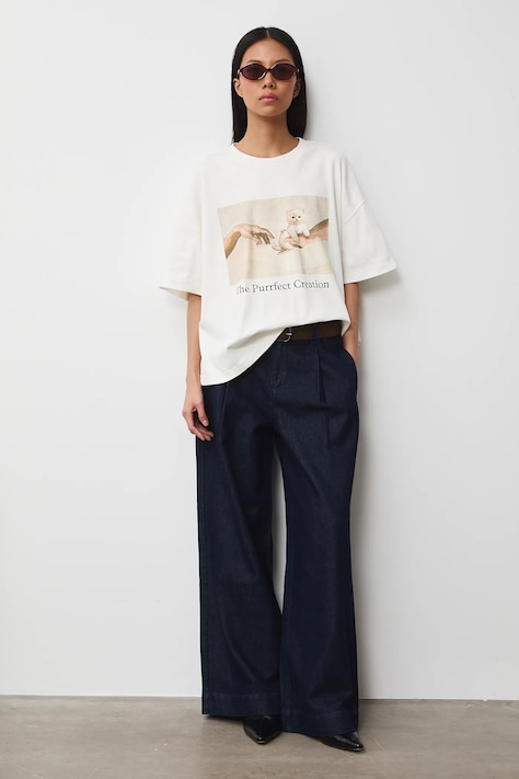 Bavlnené tričko dámske z Mačacej kolekcie béžová farba RS26-TSD350