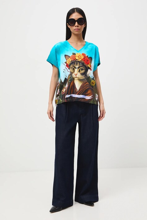 T-shirt bawełniany damski z okazji Dnia Kota kolor zielony RS26-TSD354