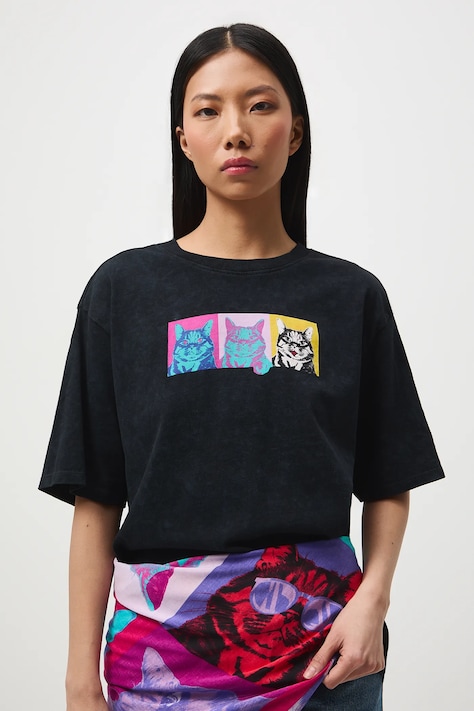 T-shirt bawełniany damski z okazji Dnia Kota kolor czarny RS26-TSD355