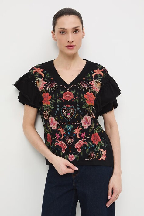 T-shirt bawełniany damski z ozdobnymi falbanami kolor czarny RS26-TSD482