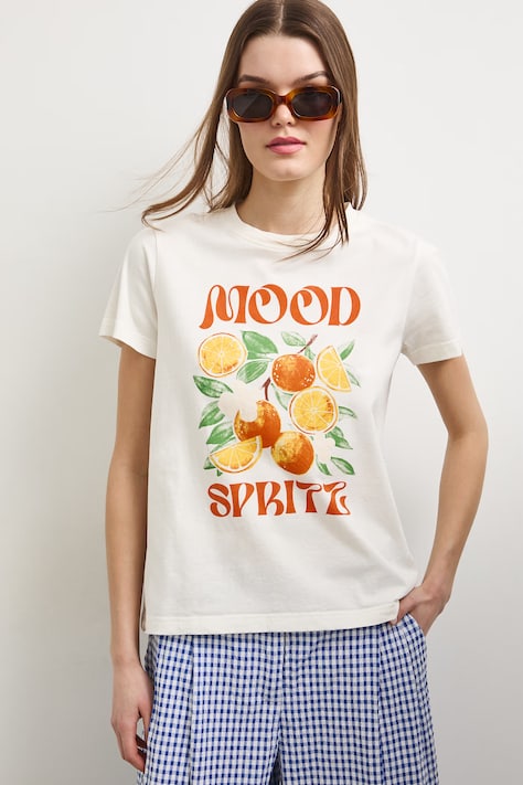 T-shirt damski bawełniany z nadrukiem beżowy RS26-TSDA06