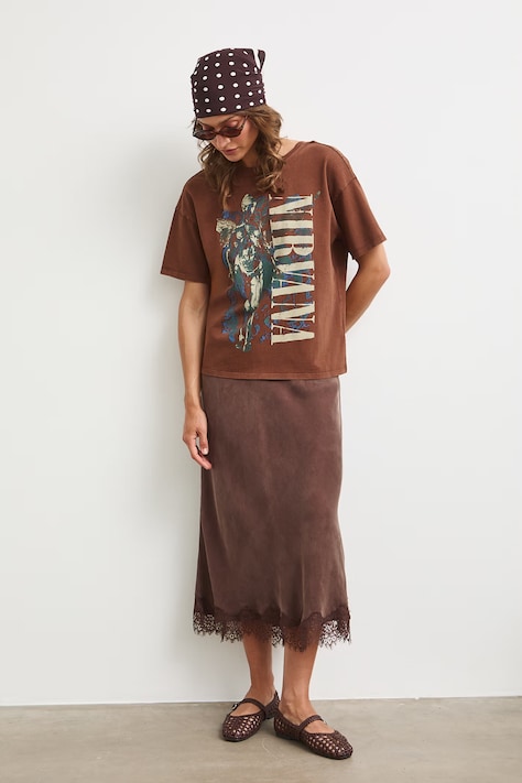 T-shirt oversize damski bawełniany Nirvana brązowy RS26-TSDA72