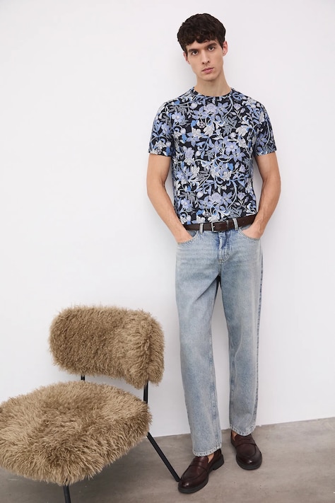 T-shirt bawełniany męski wzorzysty kolor granatowy RS26-TSM010