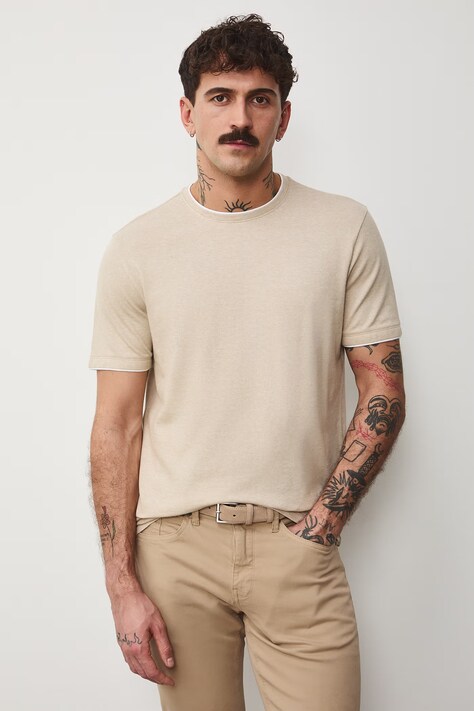 Bavlněné tričko pánské ze strukturovaného úpletu s elastanem béžová barva RS26-TSM042