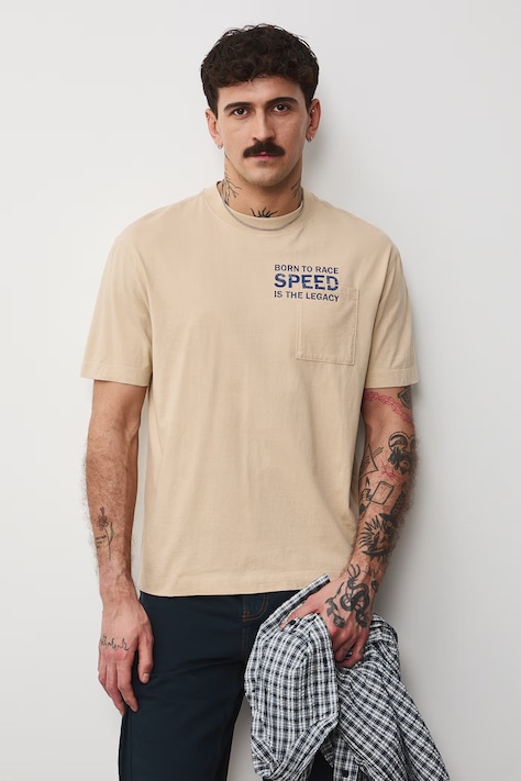 T-shirt bawełniany męski z nadrukami kolor beżowy RS26-TSM403