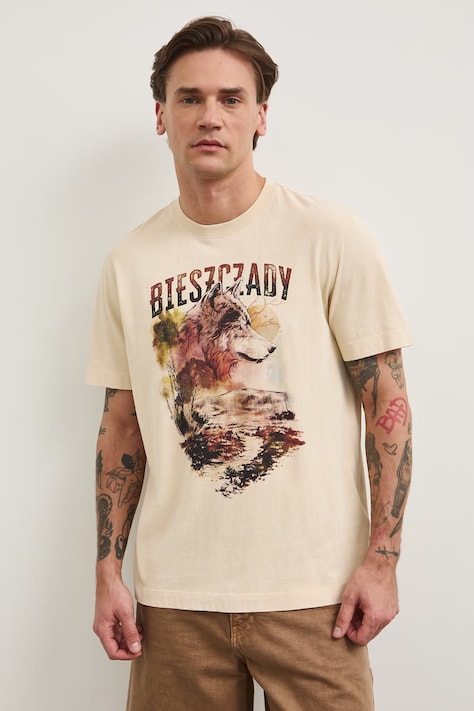 T-shirt męski bawełniany z kolekcji Bieszczadzki Park Narodowy x Medicine beżowy RS26-TSM853