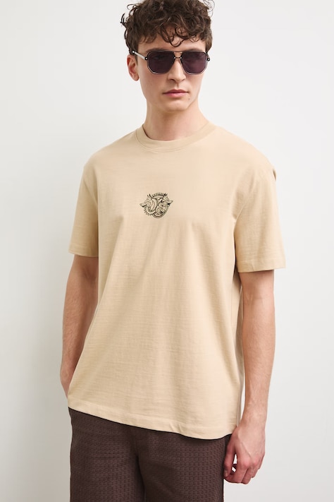 T-shirt męski bawełniany z nadrukiem beżowy RS26-TSM909