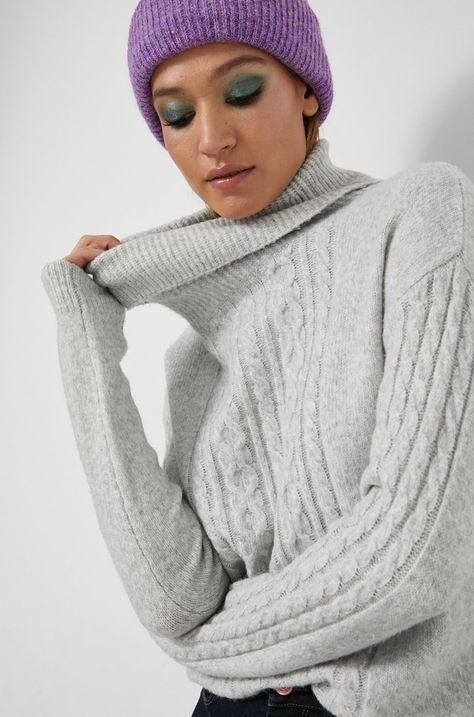 Sweter z domieszką wełny damski szary