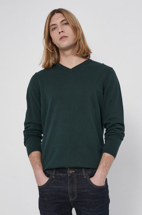 Sweter bawełniany męski gładki ciemno zielony