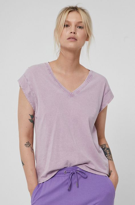 Bawełniany t-shirt damski z dekoltem V fioletowy