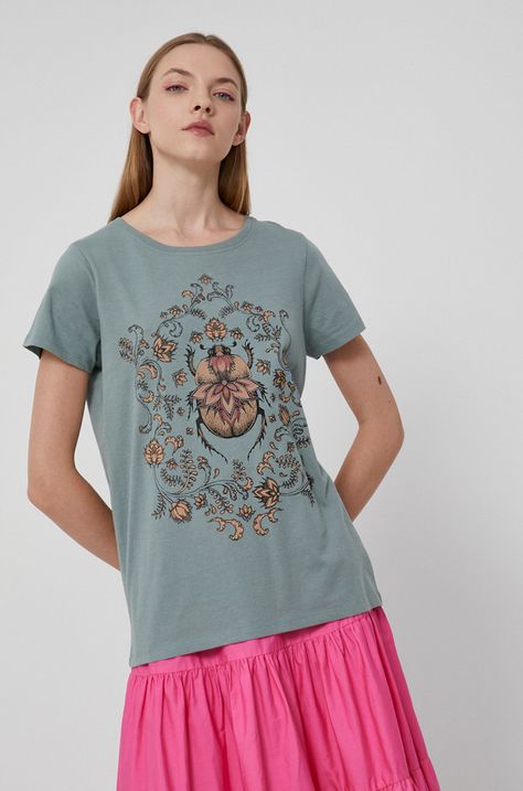 T-shirt damski z bawełny organicznej turkusowy