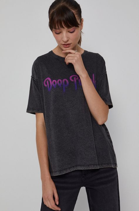 T-shirt bawełniany damski z nadrukiem Deep Purple szary