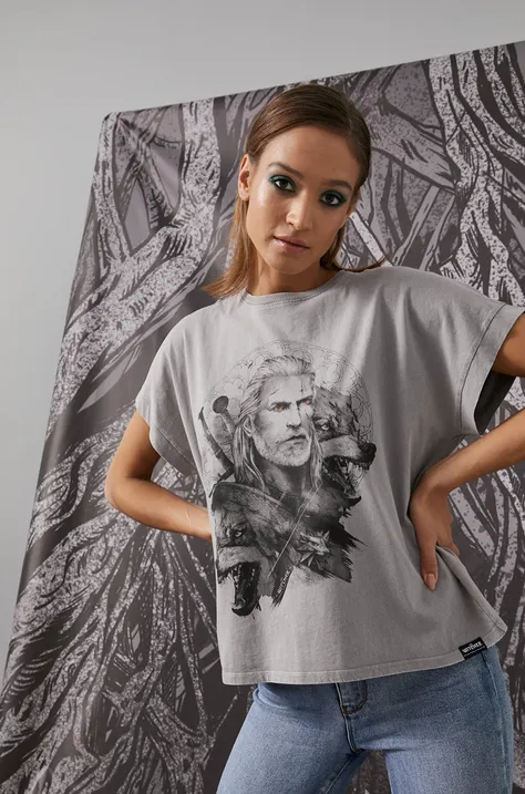T-shirt bawełniany damski z kolekcji The Witcher szary