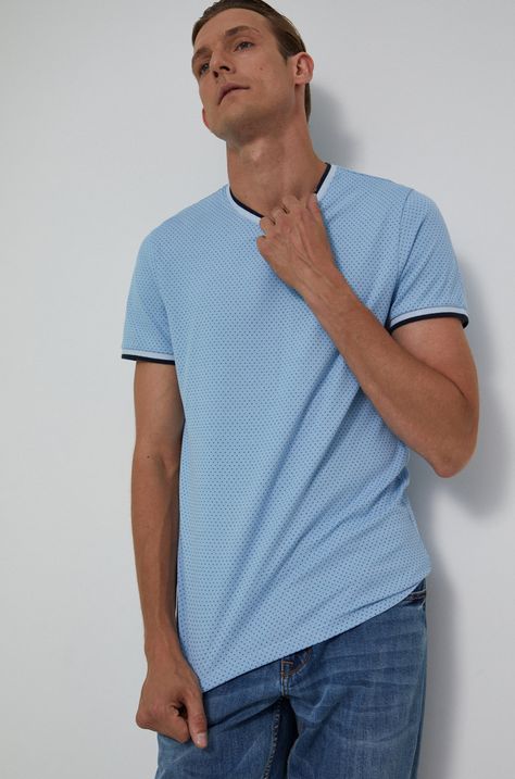 T-shirt męski slim w drobny wzór niebieski