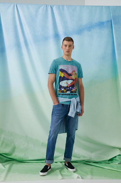 T-shirt bawełniany męski by Ewelina Gąska, Grafika Polska turkusowy