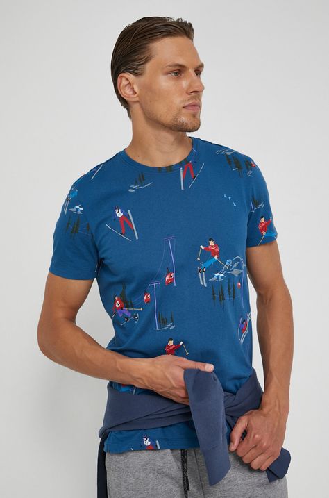 T-shirt bawełniany z motywem nart niebieski