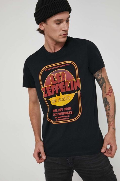 T-shirt męski z nadrukiem Led Zeppelin czarny
