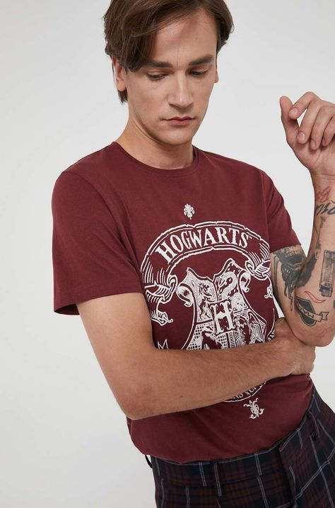 T-shirt bawełniany z kolekcji Harrego Pottera bordowy