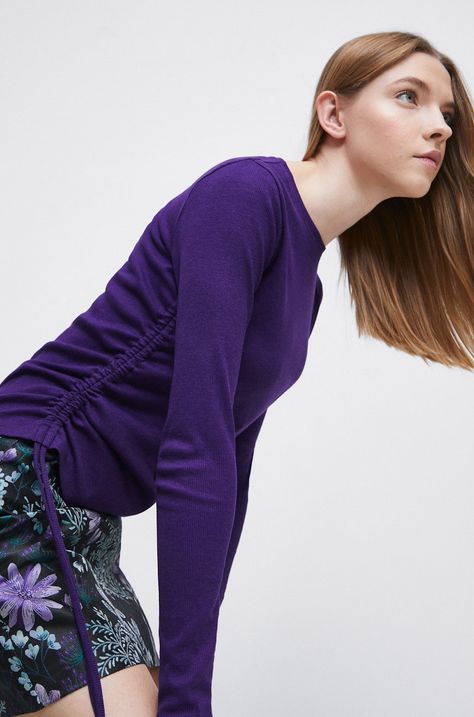 Tričko s dlhým rukávom dámske rebrované fialová farba