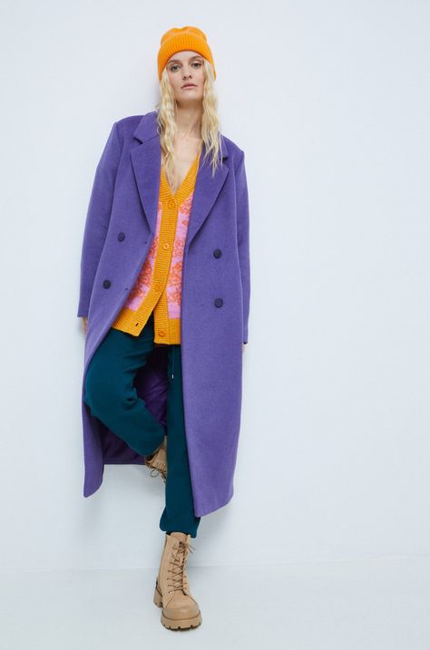 Płaszcz z domieszką wełny damski gładki kolor fioletowy