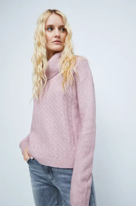 Medicine sweter z domieszką wełny damski kolor różowy z golfem