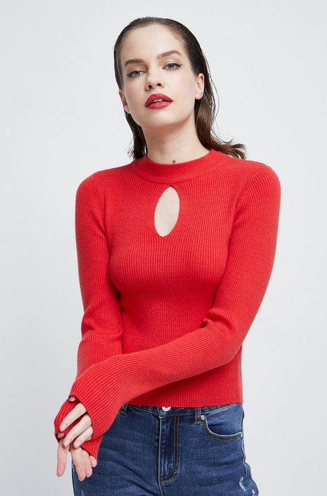 Sweter damski prążkowany czerwony