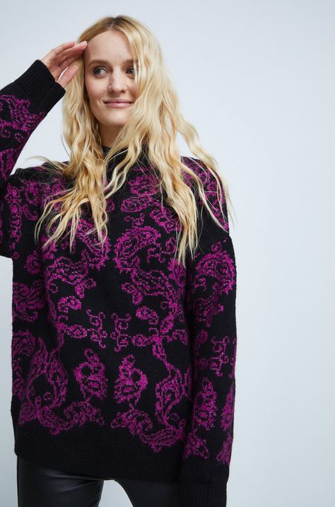 Sweter z domieszką wełny damski wzorzysty kolor czarny