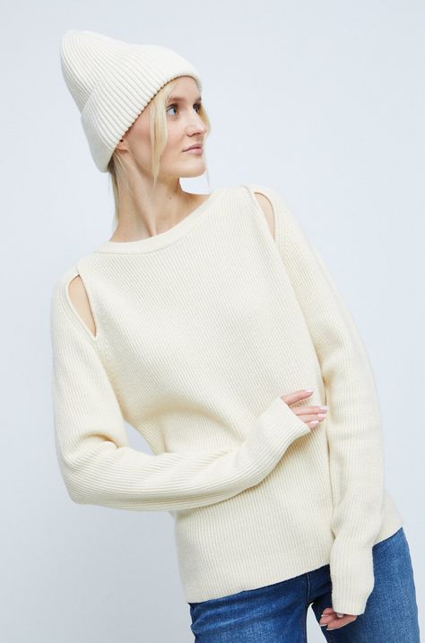 Sweter damski gładki kolor beżowy