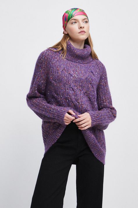 Sweter z domieszką wełny damski kolor fioletowy