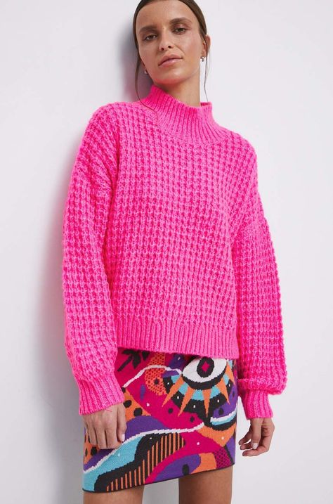 Sweter z domieszką wełny damski kolor różowy